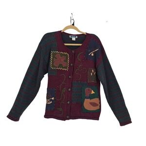Vintage Bryn Connelly Patchwork Embroidered Cardigan M Burgundy Artsy Teacher